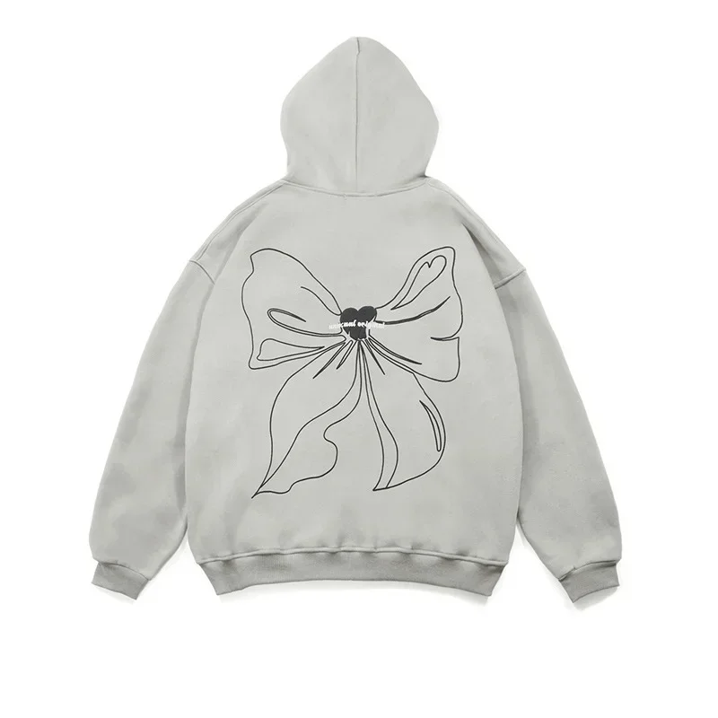 Y2k Europe And America Fan Bow Hooded Cardigan Plus Velvet Sweater Men and Women Loose Tops Oversize Lazy Wind Zipper Coat