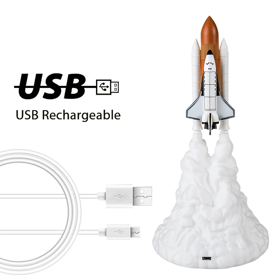 Night 3D Print LED Light Space Shuttle Rocket Lamp USB Rechargeable Table Lamp Children's Gift Bedside Study Desk Room Decor smile
