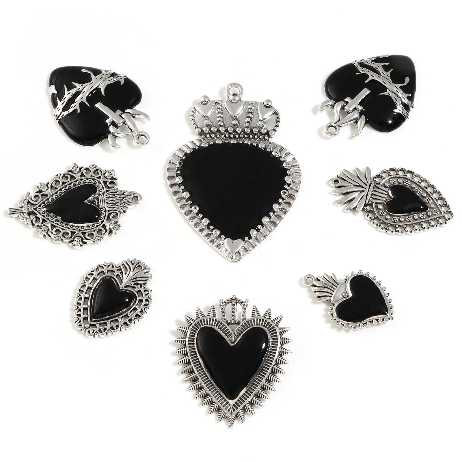 2pcs Black Ex Voto Heart Enamel Charms Religious Pendants Antique Silver Color Necklace Pendants Jewelry Accessories
