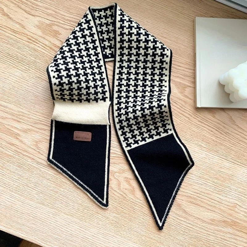 Warm Cashmere Neck Tie Scarf For Women Plaid Neckerchief Knitted Scarfs Long Skinny Small Scarves Bandana Female Foulard 5