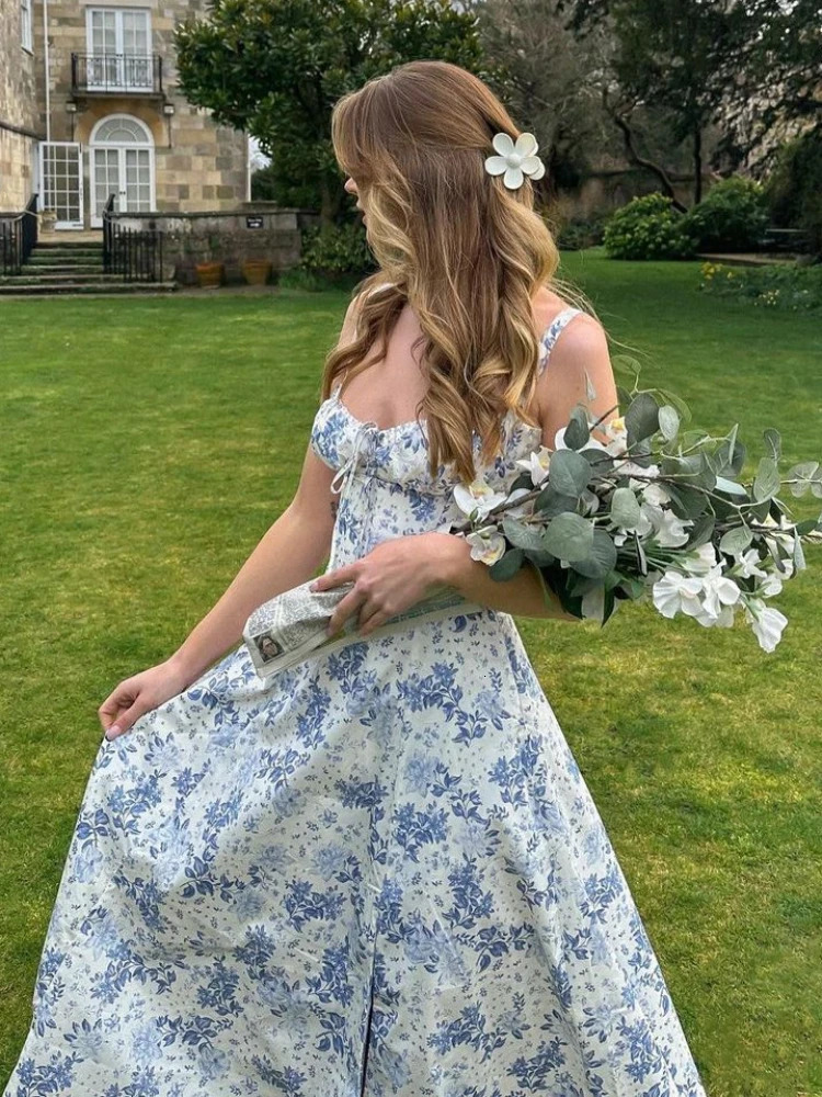 Mingmingxi Floral Print Summer Holiday Dress Elegant Midi Spaghetti Strap Lace Up Dress A Line Casual Women Clothing 240518