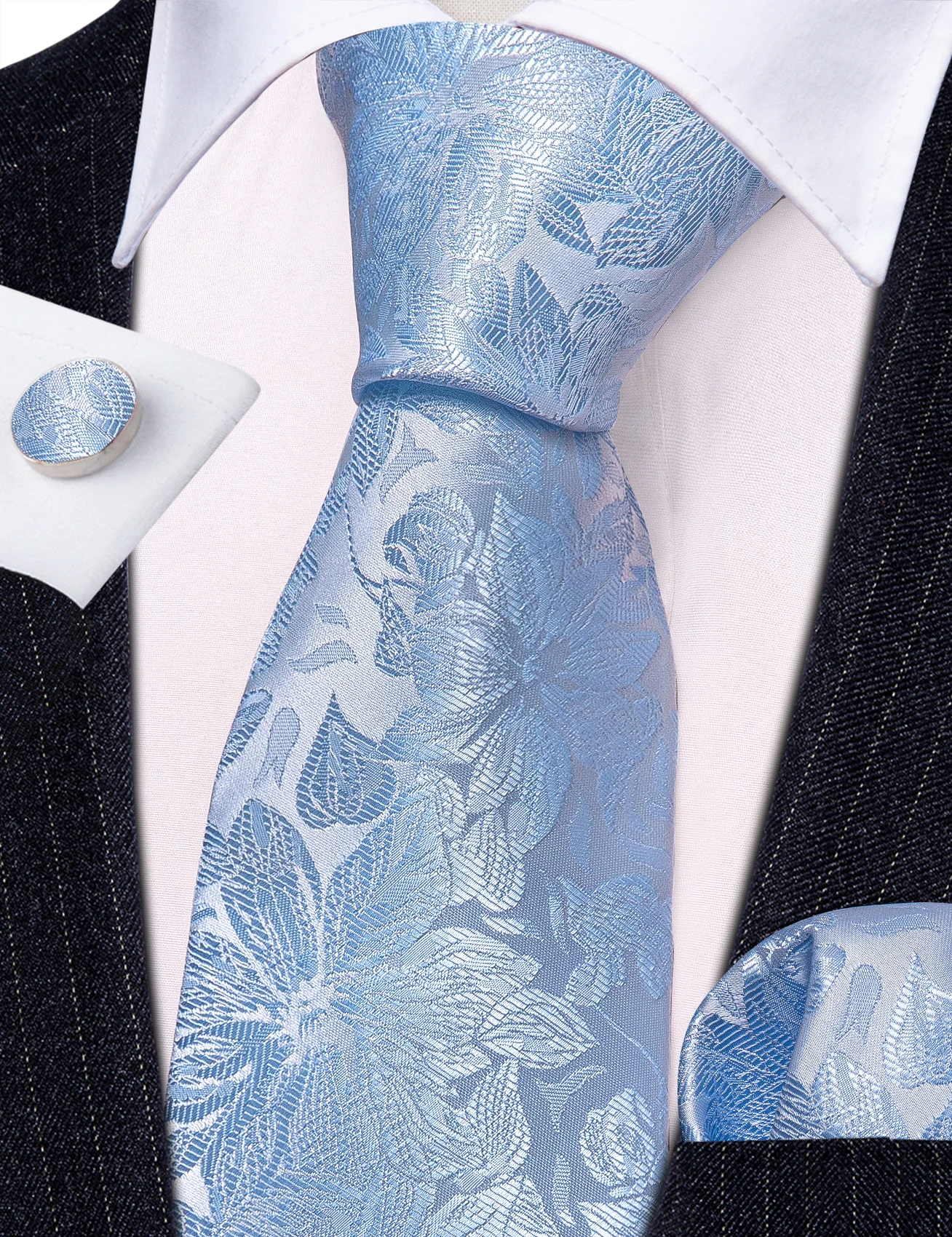 High Quality Light Blue Floral Silk Tie For Men Classic Jacquard Woven Handkerchief Cufflinks Sets Wedding Party Barry.Wang 6530