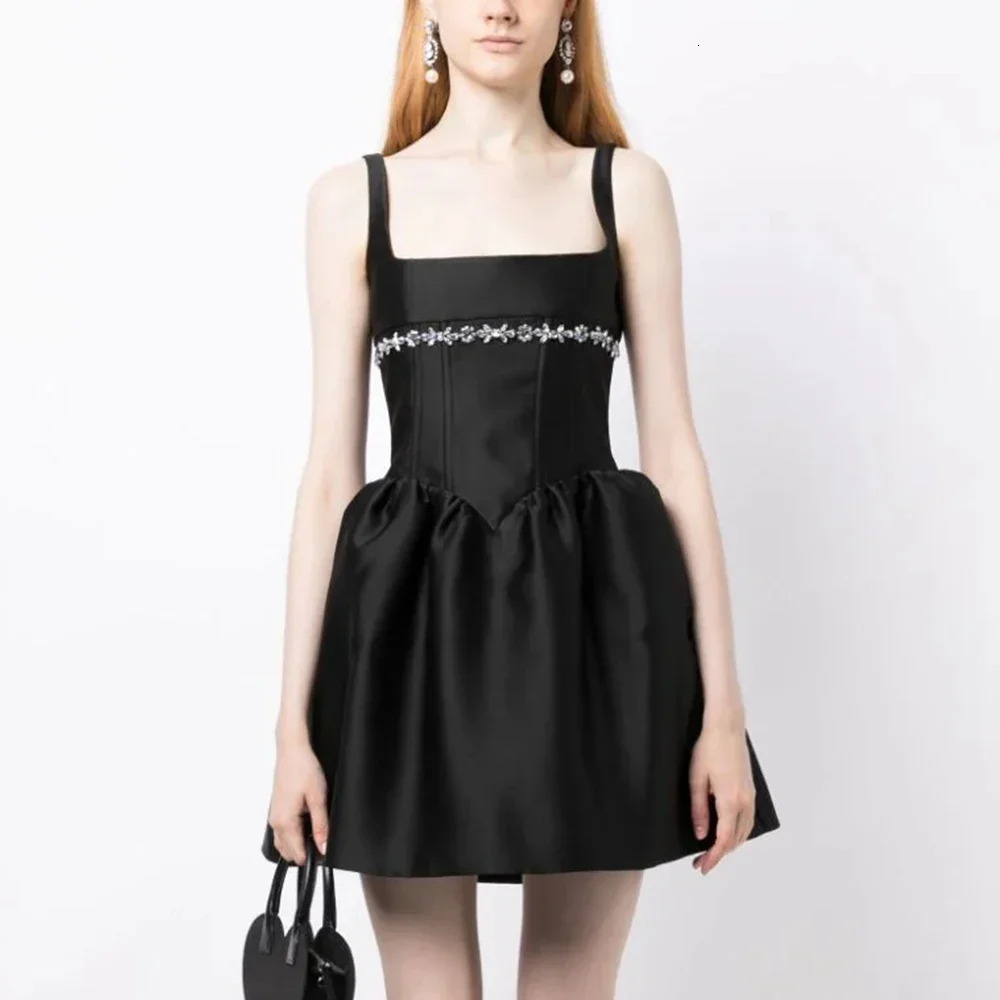 Womens Black Sexy Square Neck Sleeveless Diamond Aline Low cut Mini Dress Elegant Celebrity Party 240515
