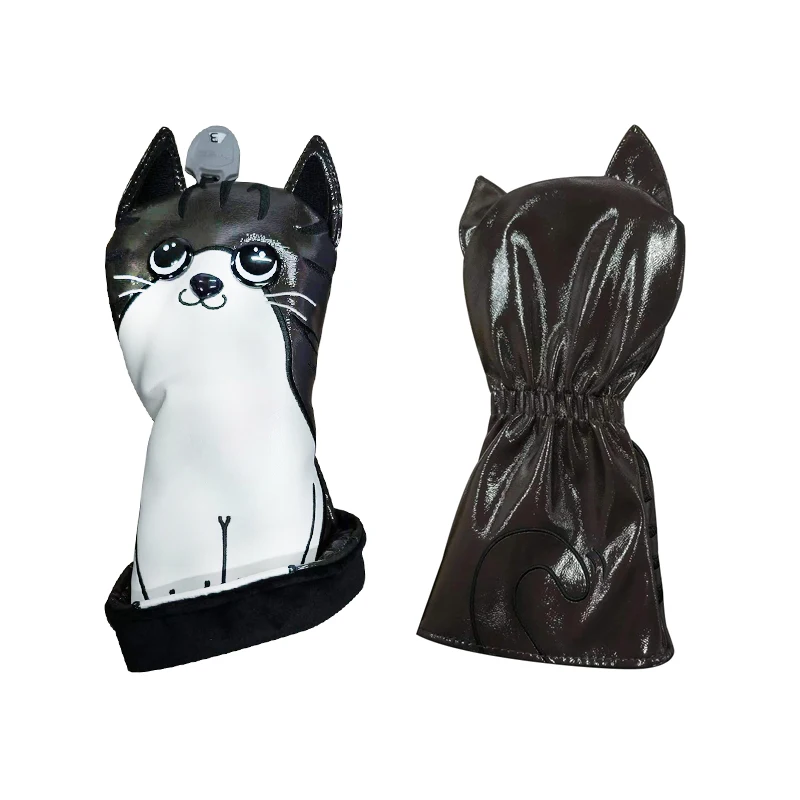 Cute Cat Golf Headcover PU Leather Waterproof Durable Golf Wood Cover for Driver Fairway Hybrid Golf Club Head Cover Brown