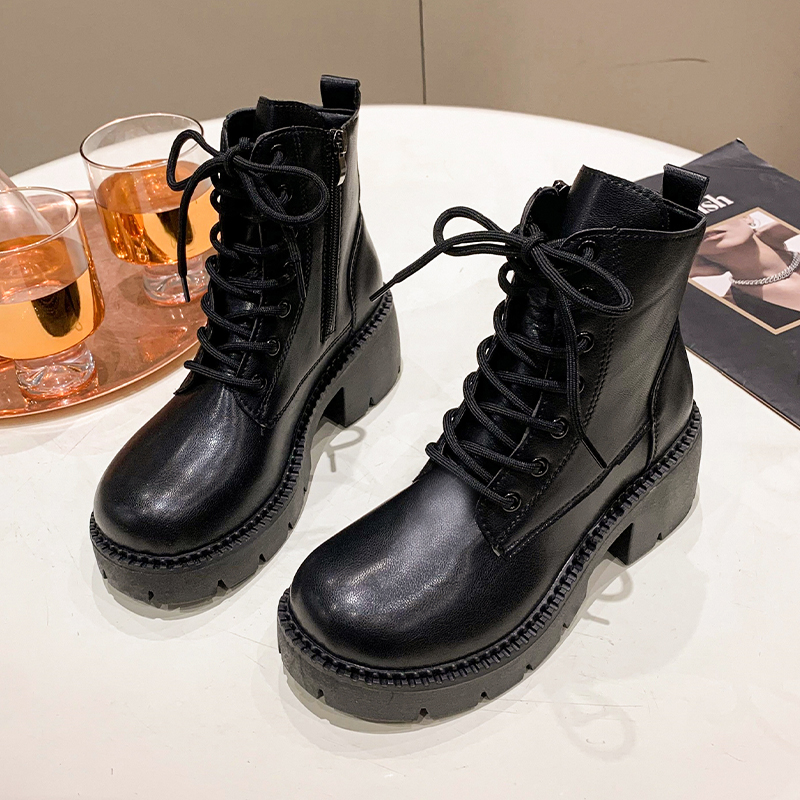 Women's Platform Boots 2023 Round Toe Lace Up Chunky Heeled Women Shoes Leather Winter Side Zipper Ankle Boots Platform Shoes
