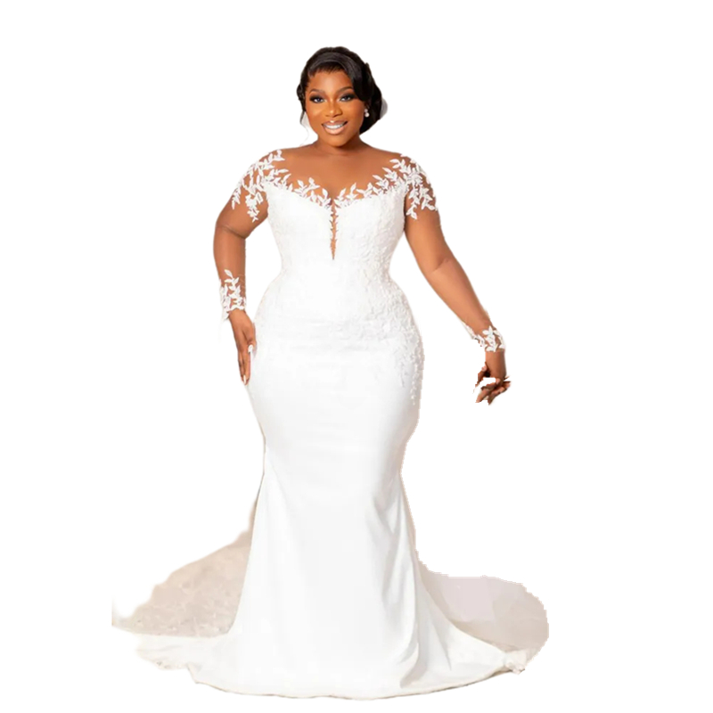 Modern Lace Appliques Long Sleeves Mermaid Wedding Dresses White Satin Long Bridal Dress Chapel Train Chic Wedding Gowns For Women 2024