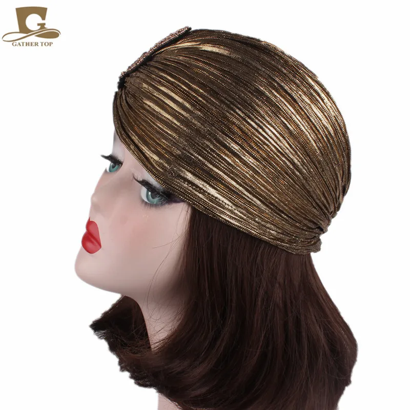 New Women luxury Metallic Shinny Ruffle Turban Head Wrap With Beaded Flower Lady Chemo Bandanas Hijab hair Accessories
