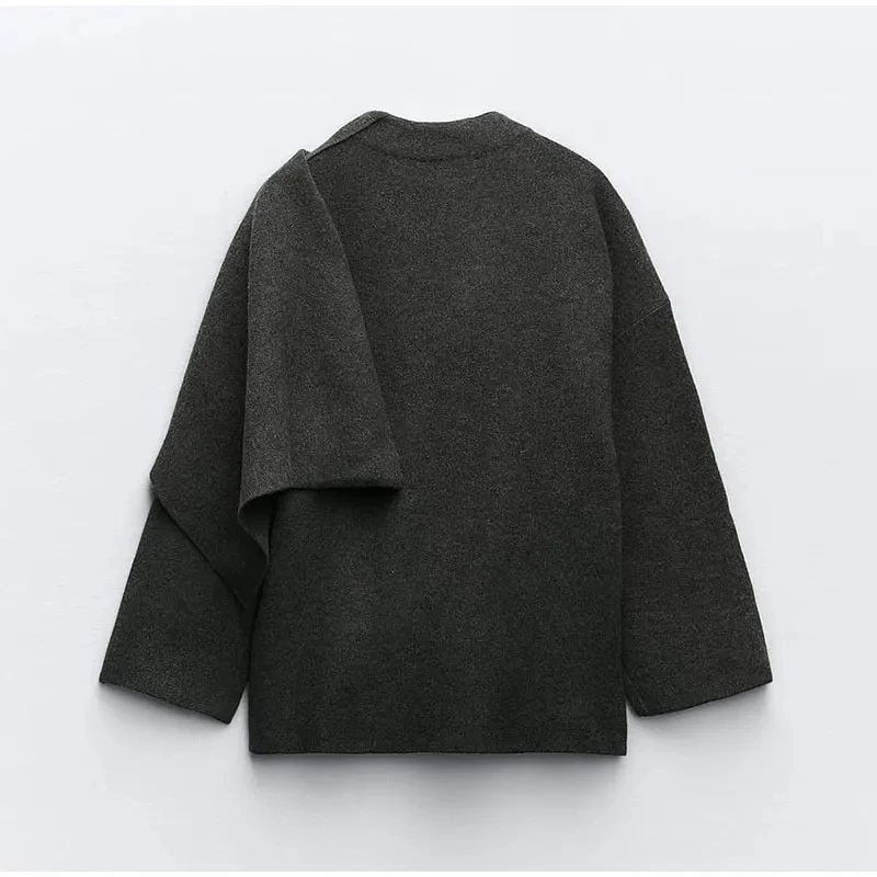 Scarf Neck Woolen Jacket Women Elegant Long Sleeve Gray Female Coat 2023 Autumn Street Single Breasted Loose Lady Outerwear