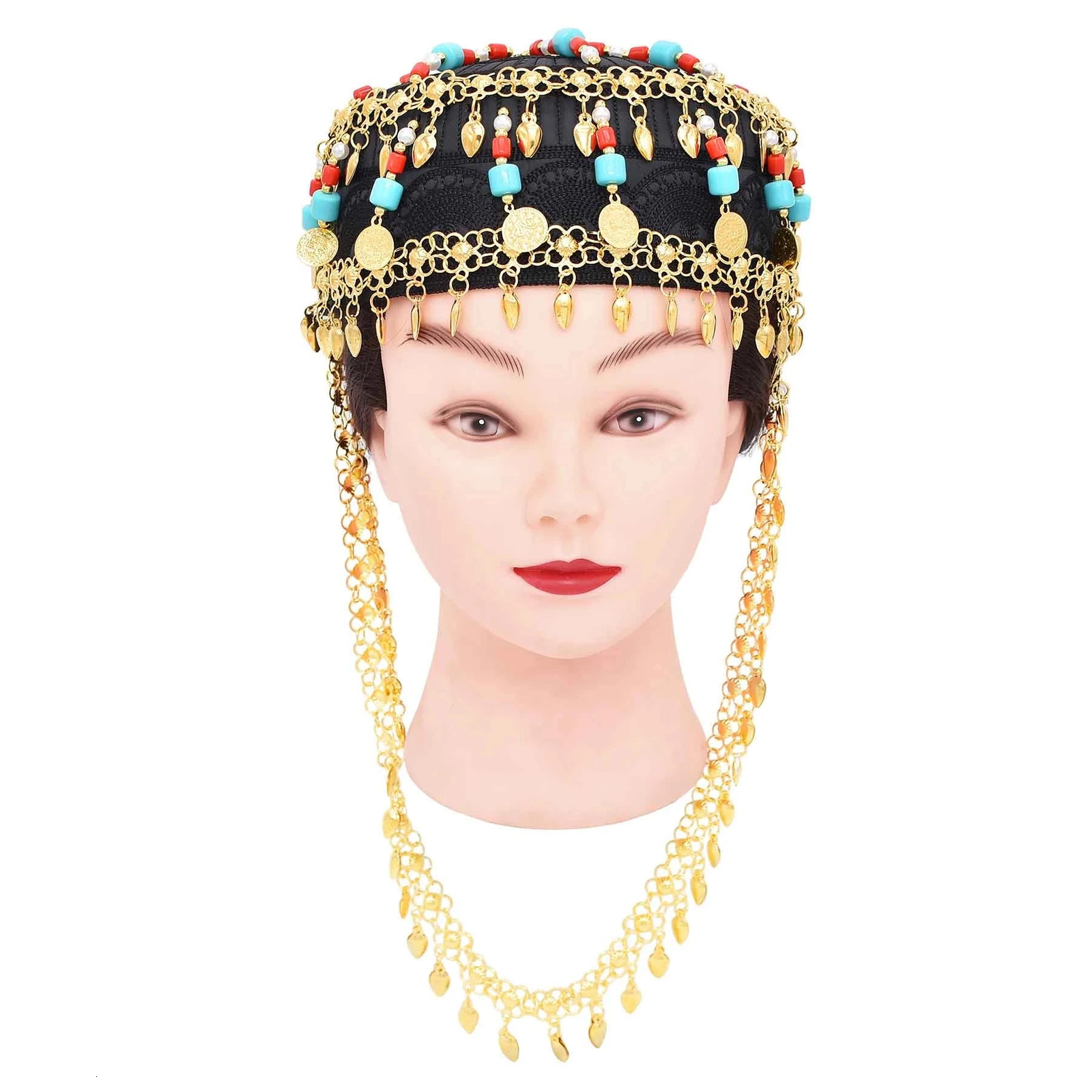 Traditional Kurdish Tibet Ethnic Hat Hair Accessories Golden Drop Coins Tassel Long Chain Gem Pearl Beads Statemet Hair Jewelry 240516