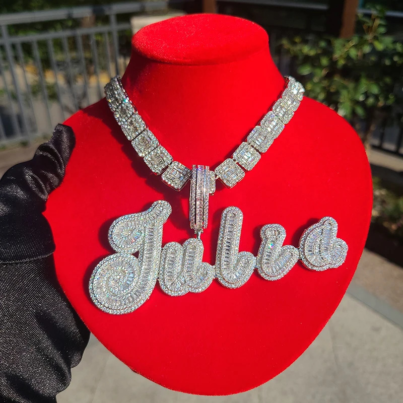 Custom Big Brush Cursive Iced Out Name Pendant Bubble Letters Word Necklace With Rhinestone Baguettes Chain Letter Jewelry 240514
