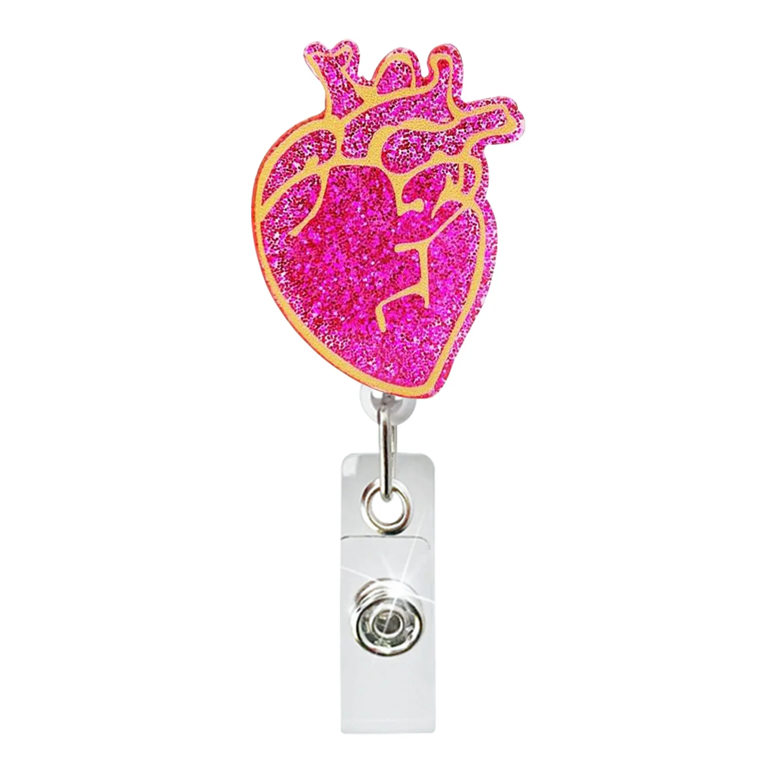Heart Shape Acrylic Glitter Rotate Badge Reel Workers Nurse Id Holder Girl Boy Retractable Name Card Holder Accessory 1 Piece