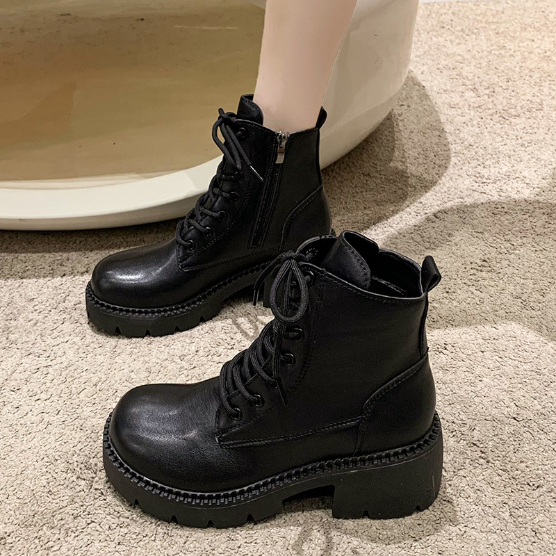 Women's Platform Boots 2023 Round Toe Lace Up Chunky Heeled Women Shoes Leather Winter Side Zipper Ankle Boots Platform Shoes