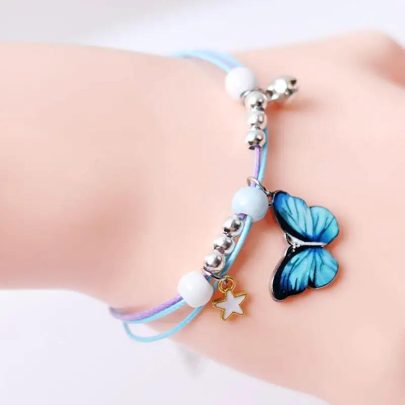 Cute Butterfly Pendant Bracelet Adjustable Boho Hand Woven Rope Beaded Bracelet for Women Girls Holiday Party Jewelry Lucky Gift