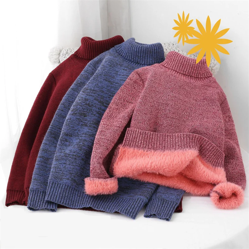 Kids Thickened Sweater Baby Solid Bottoming Shirt Boys Girls High Neck Sweater Children Winter Warm Top Clothes 3-10 Years Old