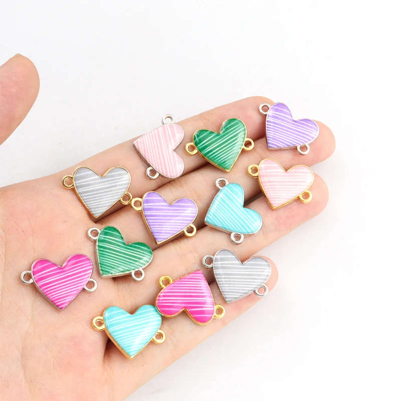 10pcs Minimalist Lines Heart Enamel Connectors Couple Trinkets Accessories DIY Necklace Bracelet Colourful Double Loops Pendants