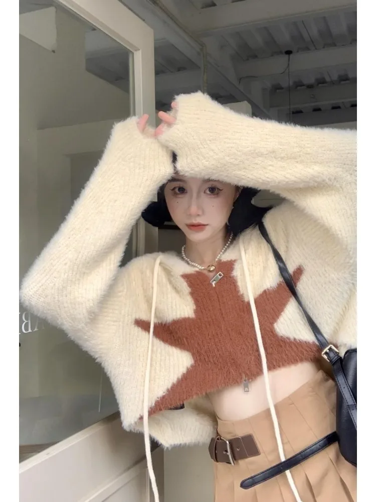 Deeptown Y2K Beige Crop Knit Sweater Women Gyaru Vintage Star Cardigan Tops Korean Style Streetwear Jersey Loose Hoodie Egirl