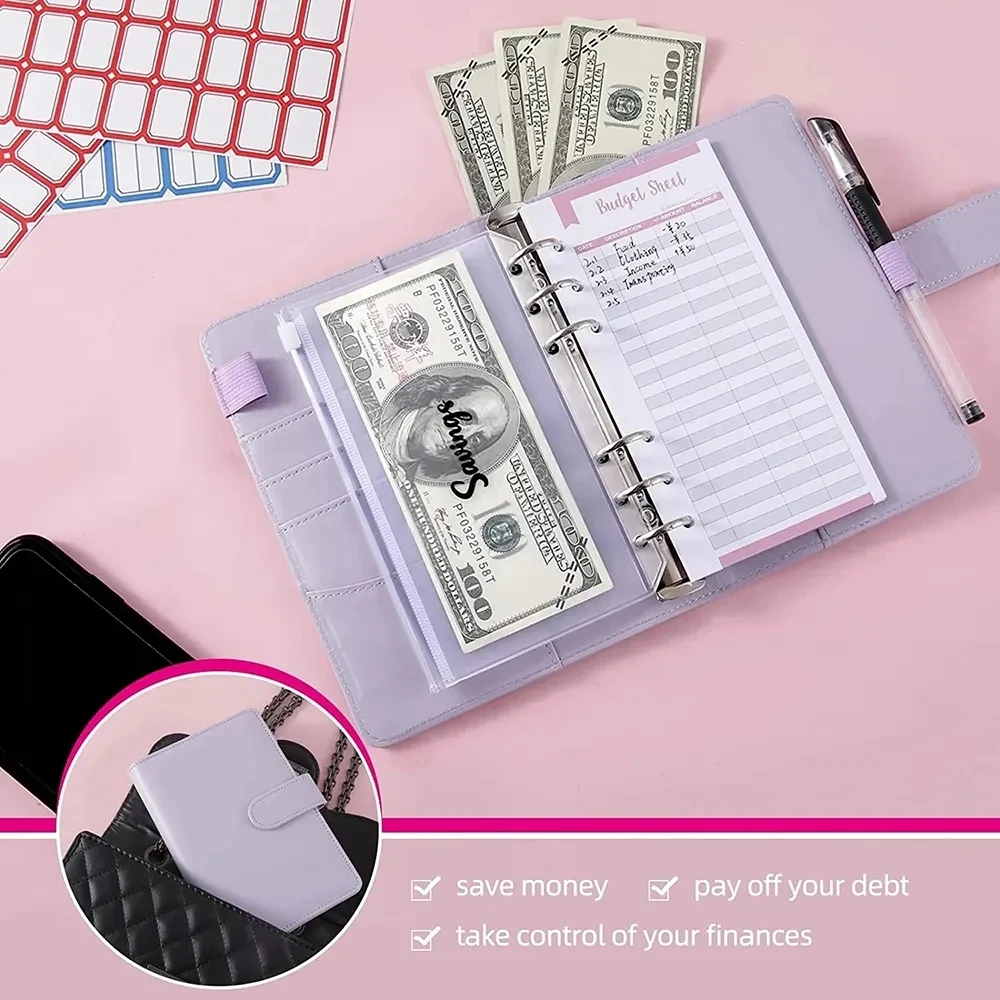 A6 Binder Budget PU Leather Planner Pockets Expense Budget Sheets Notebook A6 Cash Envelope Organizer System with Clear Zipper