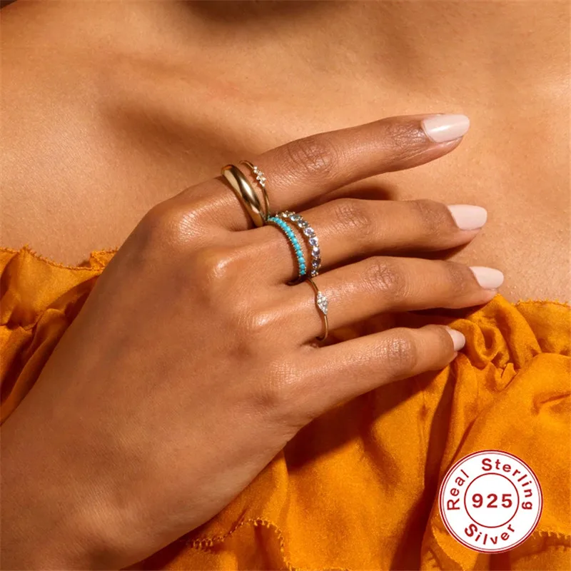 CANNER Anillo plata 925 Sterling Silver Wedding Band Retro Super Micro Inlaid Turquoise Rings For Women Girls Engagement Jewelry