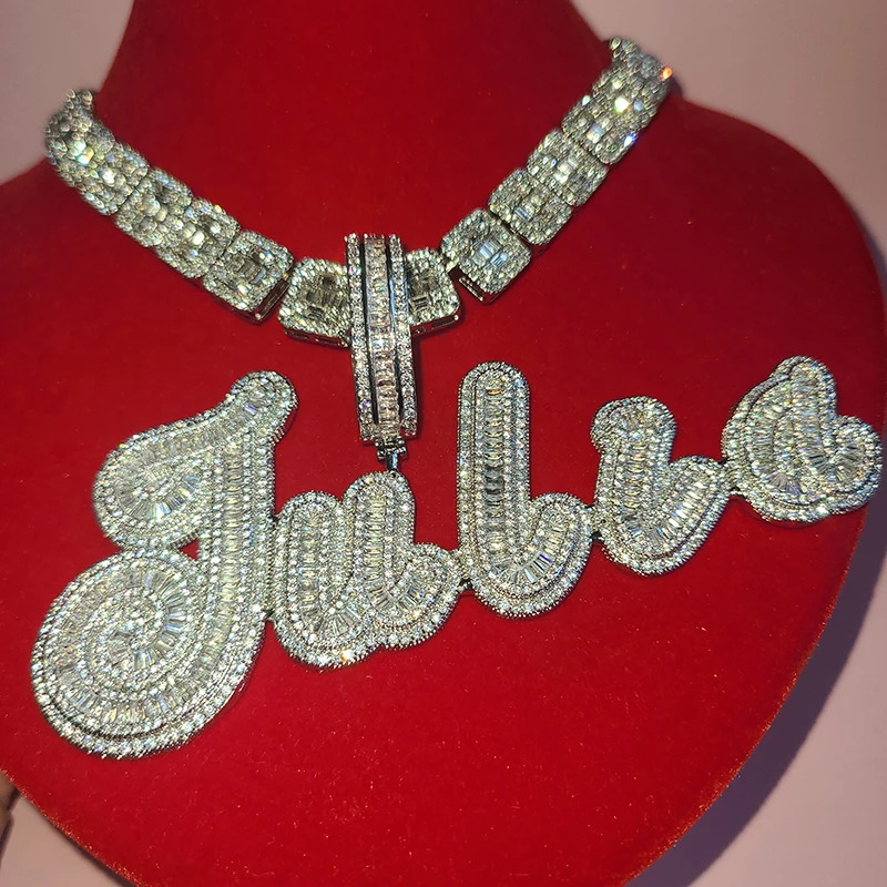 Custom Big Brush Cursive Iced Out Name Pendant Bubble Letters Word Necklace With Rhinestone Baguettes Chain Letter Jewelry 240514