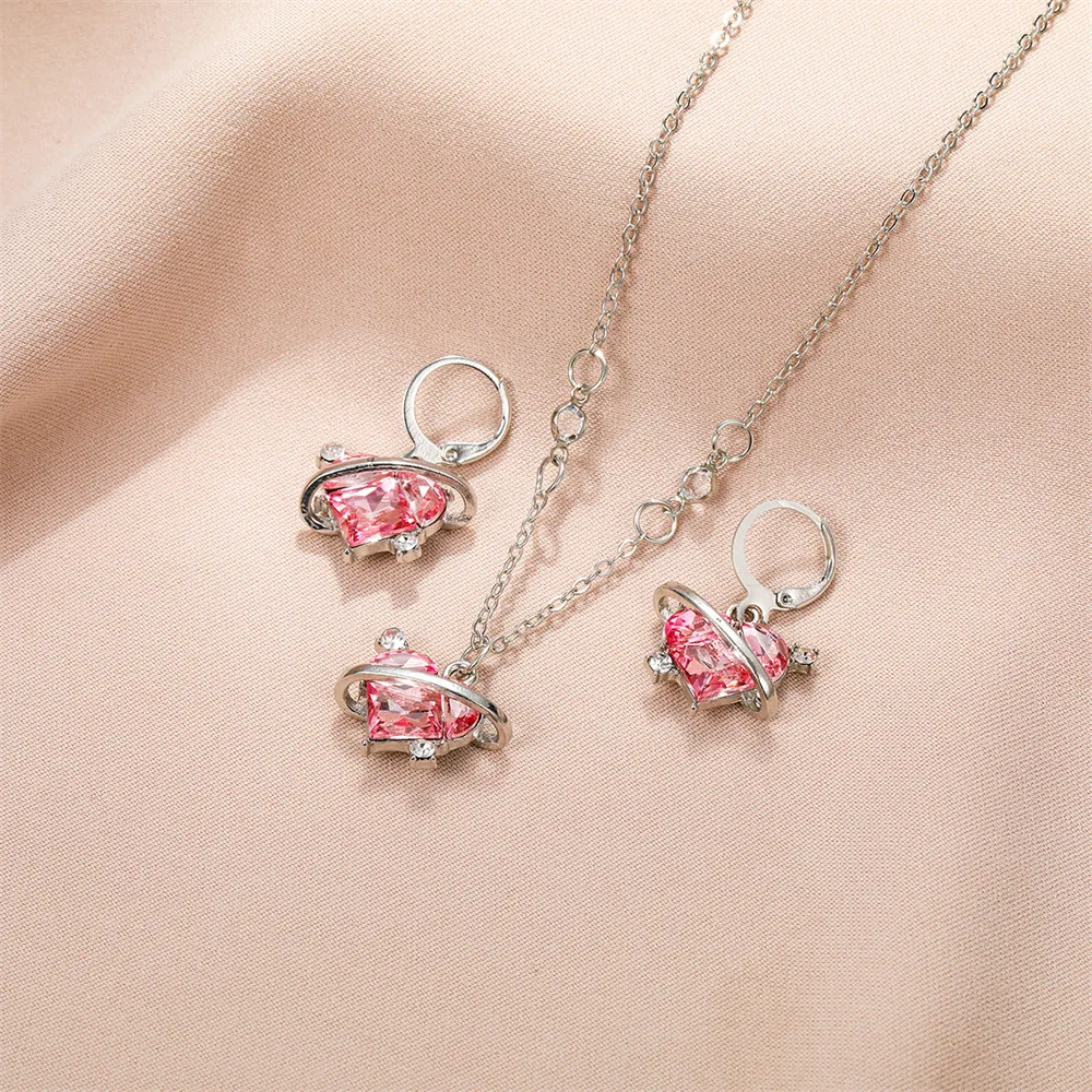 Pink Peach Love Heart Planet Crystal Rhinestone Pendant Necklace Earrings Jewelry Set for Women Teens Creative Banquet Accessory
