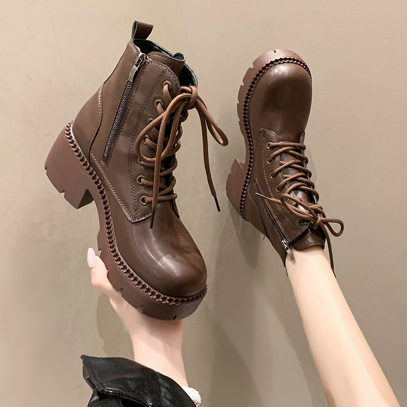 Women's Platform Boots 2023 Round Toe Lace Up Chunky Heeled Women Shoes Leather Winter Side Zipper Ankle Boots Platform Shoes