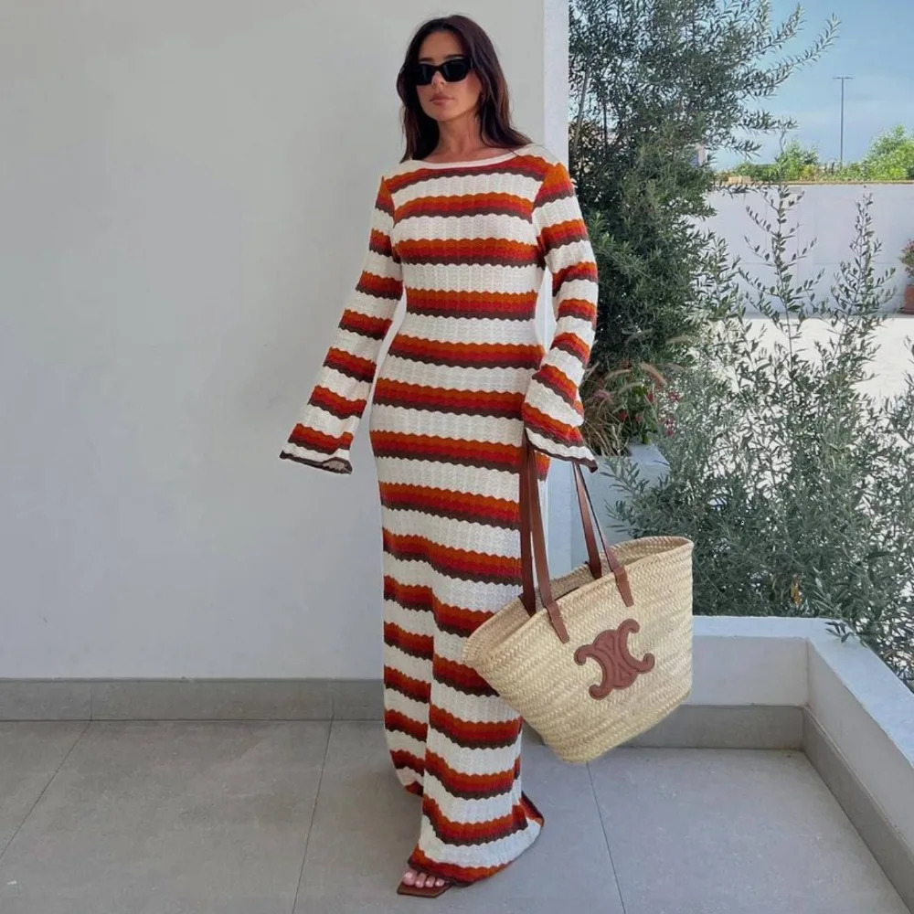 Y2k Striped Contrast Color Beach Vacation Sexy Long Dres Cotton Knitted Backless Flared Sleeve Maxi Dresses Vestidos 240523