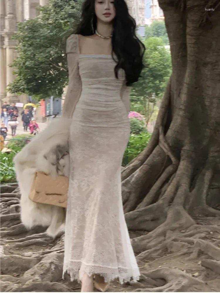 Elegant Long Sleeve Bodycon Dress: Women's Lace Square Collar Up Mermaid Style Midi Dress for Autumn Winter Evening Party C260312