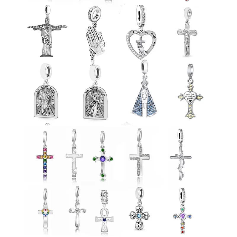 Fit Original Pan Charms Bracelet 925 Stering Silver Cross Jesus Virgin Mary Our Lady Dangle Bead For Religious Making Berloque