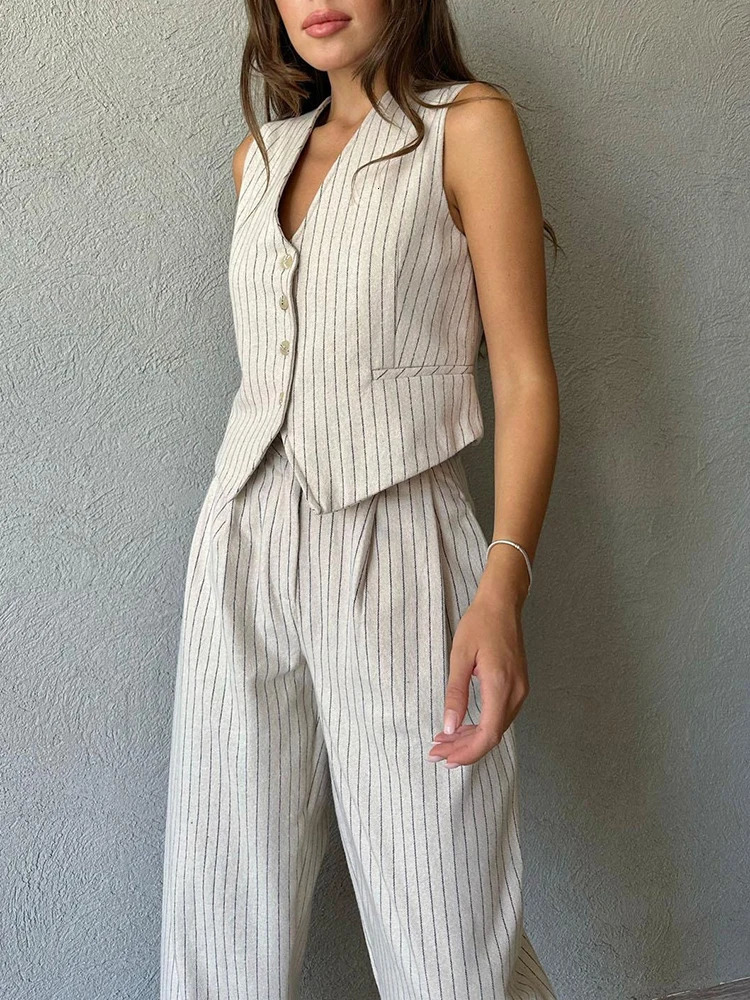 Spring Office Trouser Suit for Women Striped Sleeveless Waistcoat with Harem Pants Korean Twopiece Set Womens Tracksuits 240516