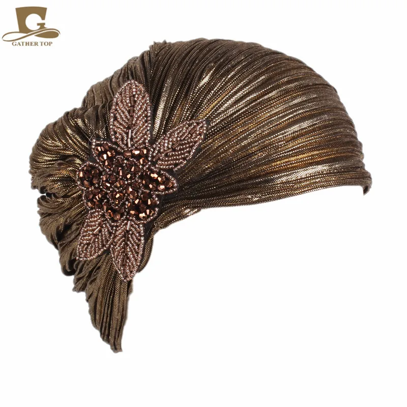New Women luxury Metallic Shinny Ruffle Turban Head Wrap With Beaded Flower Lady Chemo Bandanas Hijab hair Accessories