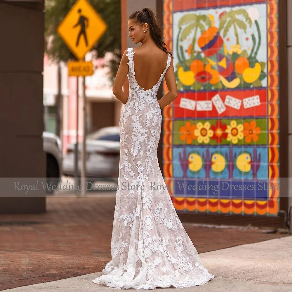 Elegant Lace Wedding Dresses for Women 2024 Bride Backless V Neck Mermaid Wedding Gowns Nude Ivory Applique Trumpet Bridal Dress