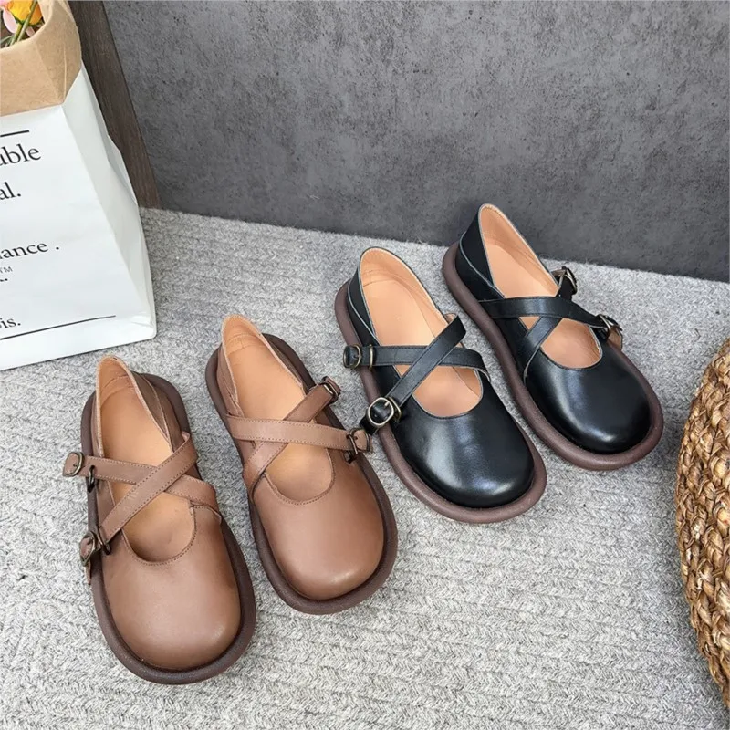 Johnature 2023 New Genuine Leather Round Toe Women Flats Shoes Handmade Solid Color Soft Sole Comfortable Casual Shoes