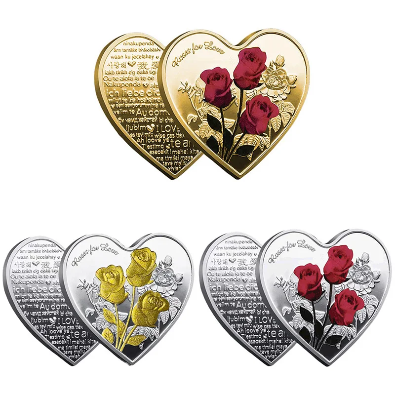 Heart Shape Collectibles Coins Blue Red Rose for Love Commemorative Wedding Souvenirs Valentine s Day Gift 5