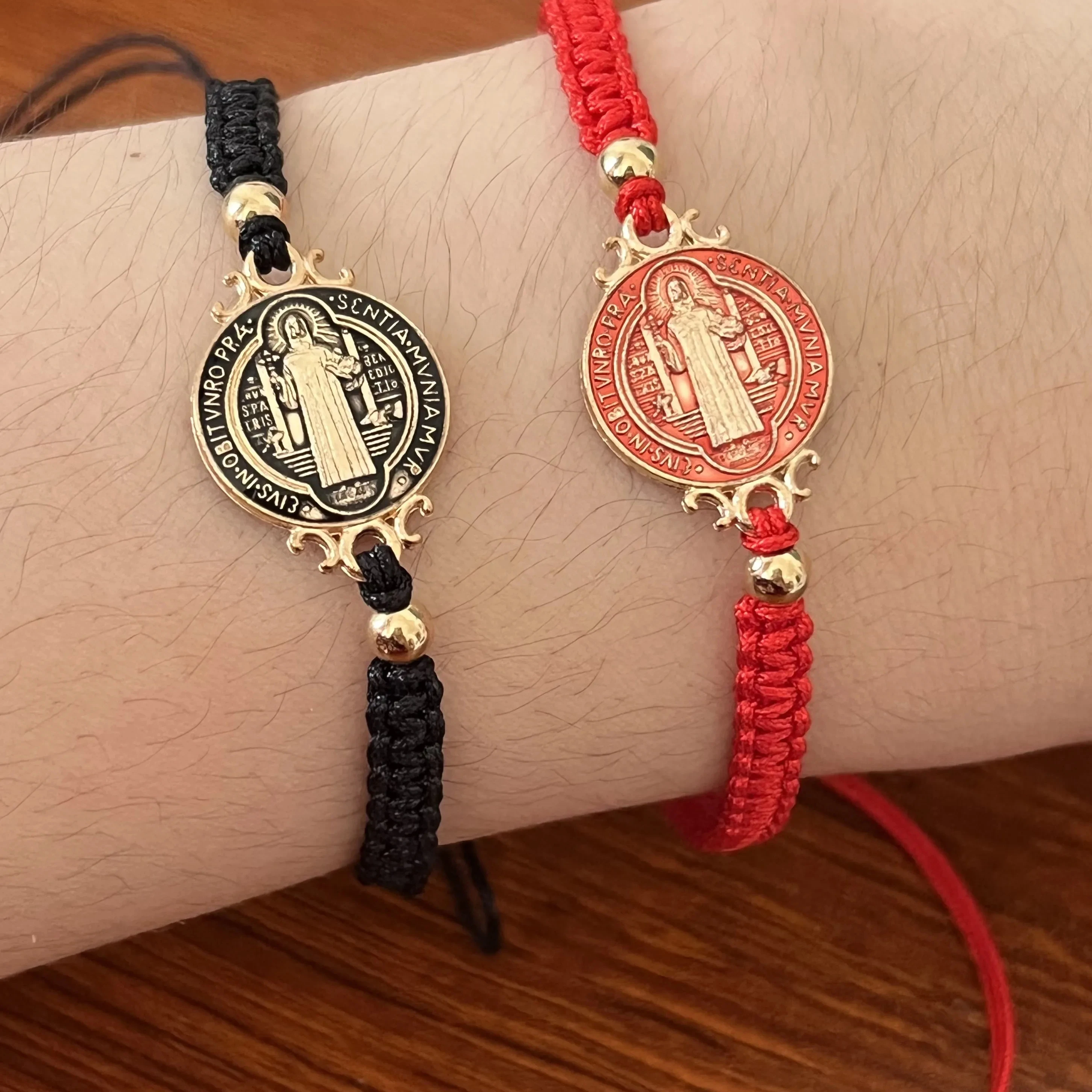 1 Pcs Size Adjustable Colorful Gold Plated Saint Benedict Handmade Weave Rope Religious Bracelet For Prayer Or Given As A Gift