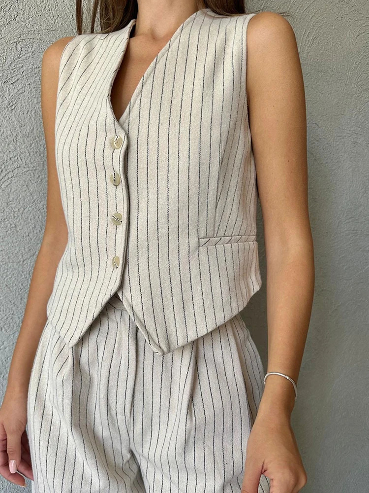 Spring Office Trouser Suit for Women Striped Sleeveless Waistcoat with Harem Pants Korean Twopiece Set Womens Tracksuits 240516