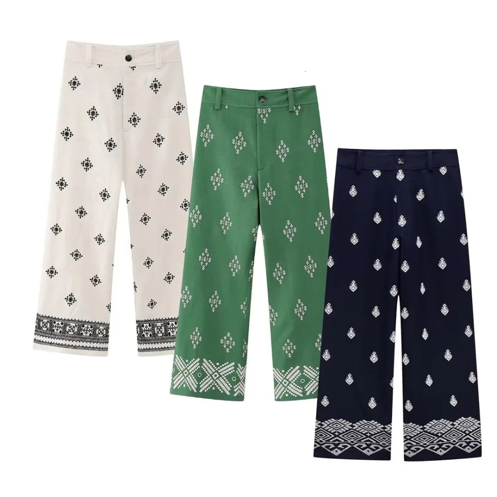 Embroidery Linen Straight Pants Women Vintage High Waist Wide Leg Zipper Fly Female Ankle Trousers Mujer Casual 240513