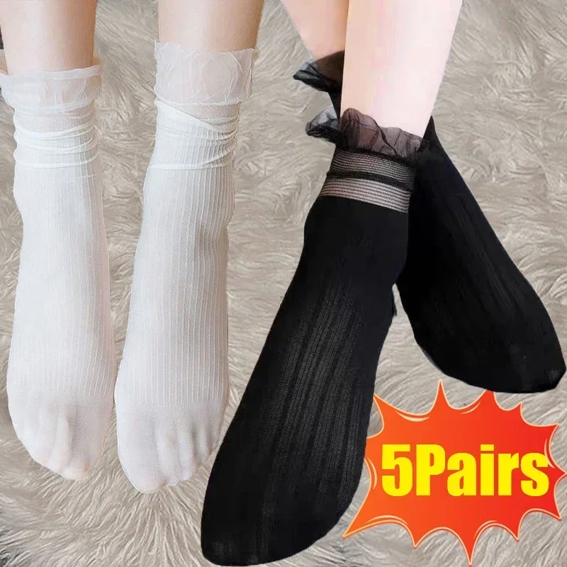 Pairs lot Veet Frilly Ruffle Socks Women Ultra thin Transparent Lace Retro Summer Haruku Long Stocking Hollow Out Sox 5