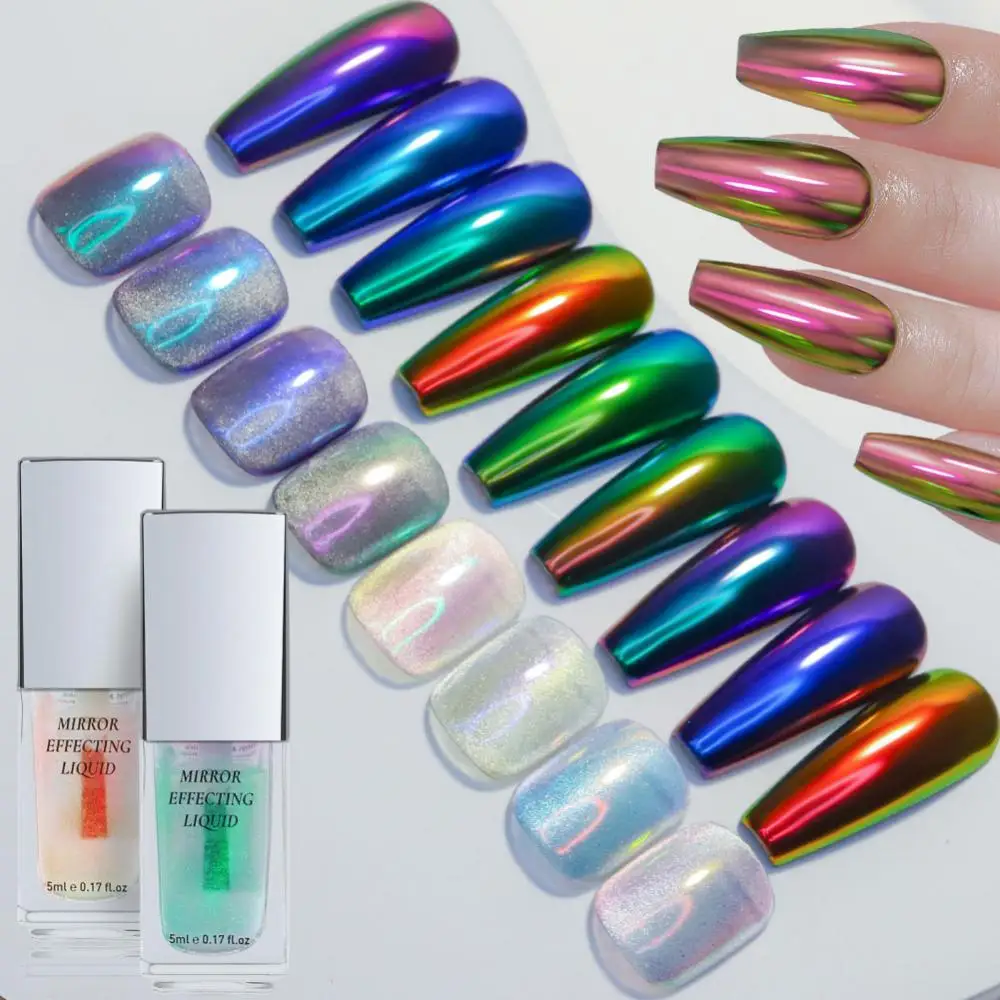 Chrome Liquid Manicure Glitter Powder Nail Supplies Liquid Mirror Powder No Dust 5ml Nail Art 12 Color Aurora Powder