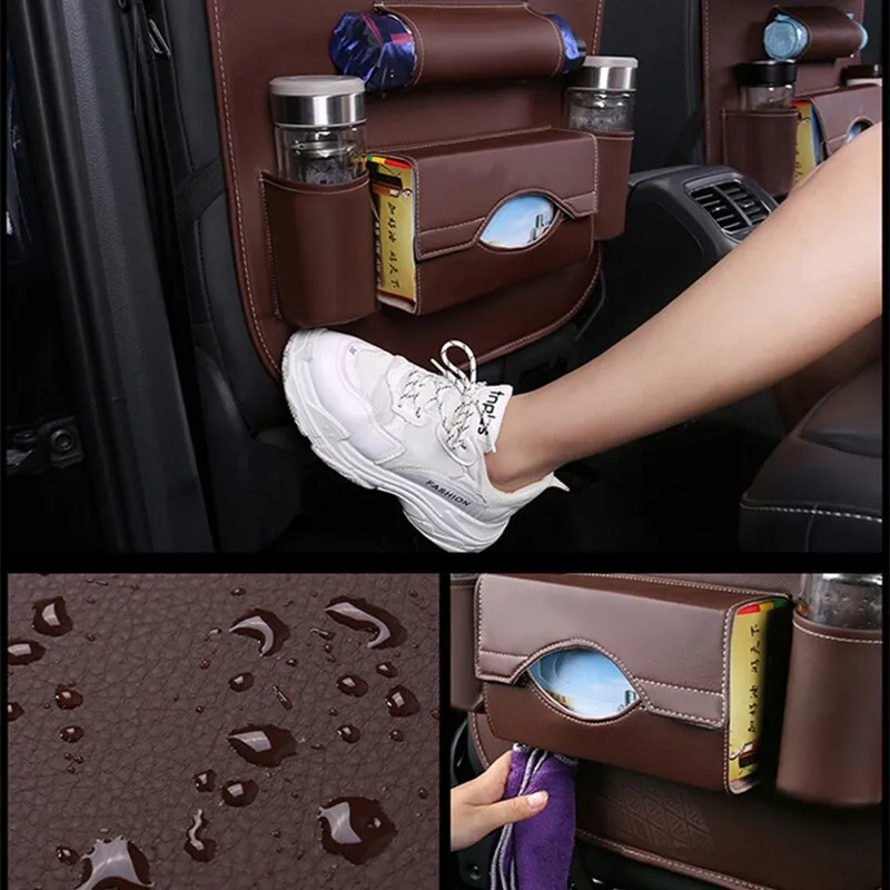Car Seat Back Organizer PU Leather Auto Storage Bag with Foldable Table Tray Tablet Holder Tissue Box Pockets Cars Accessories