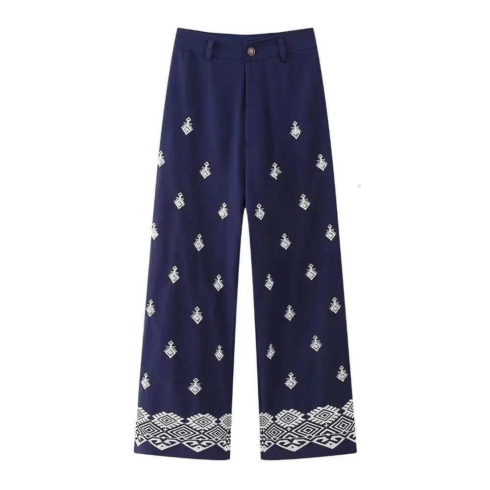 Embroidery Linen Straight Pants Women Vintage High Waist Wide Leg Zipper Fly Female Ankle Trousers Mujer Casual 240513