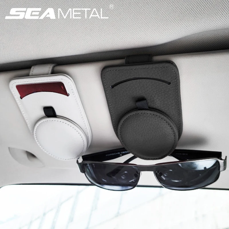 SEAMETAL Genuine Leather Car Glasses Holder Sun Visor Sunglasses Clip Premium Top Layer Cowhide Eyewear Mount with Card Holder
