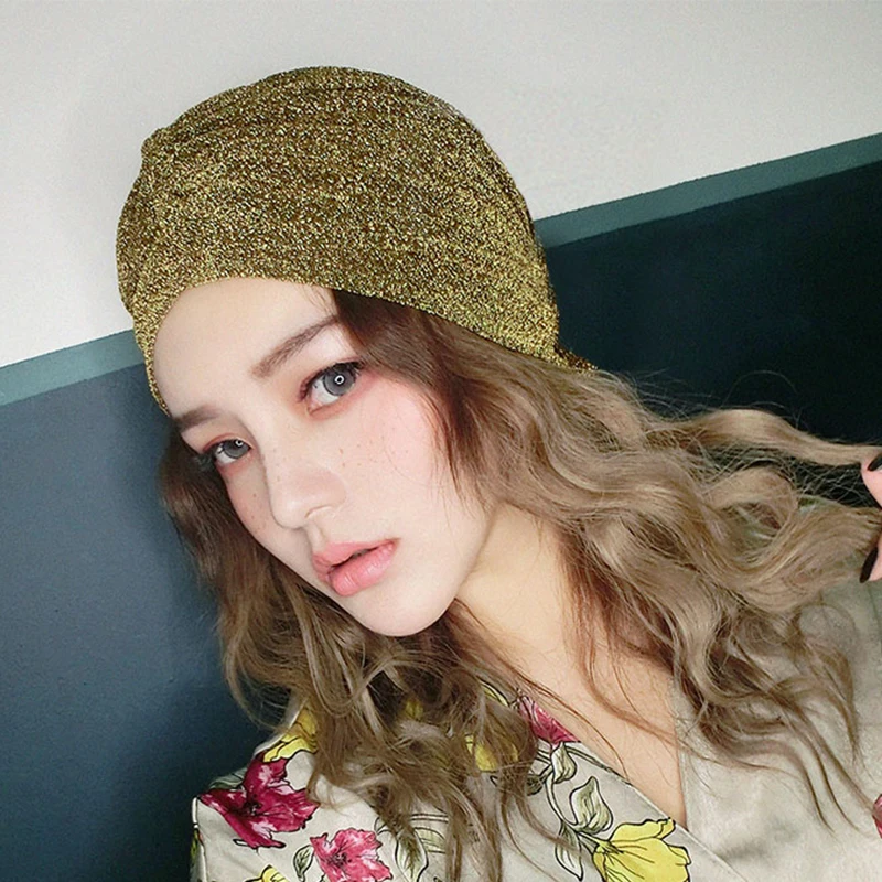 Women Twist Turban Cap Shiny Gold Silver Color Glitter Indian Hat Casual Solid Color Warm Female Beanie Caps Simple Headscarf