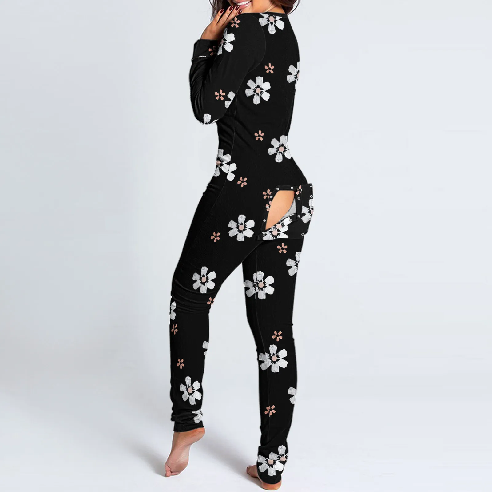 2022 pajamas Onesies Women's Button-down Print Functional Buttoned Flap Adults V-neck Jumpsuit Pyjama Femme Sleepwear