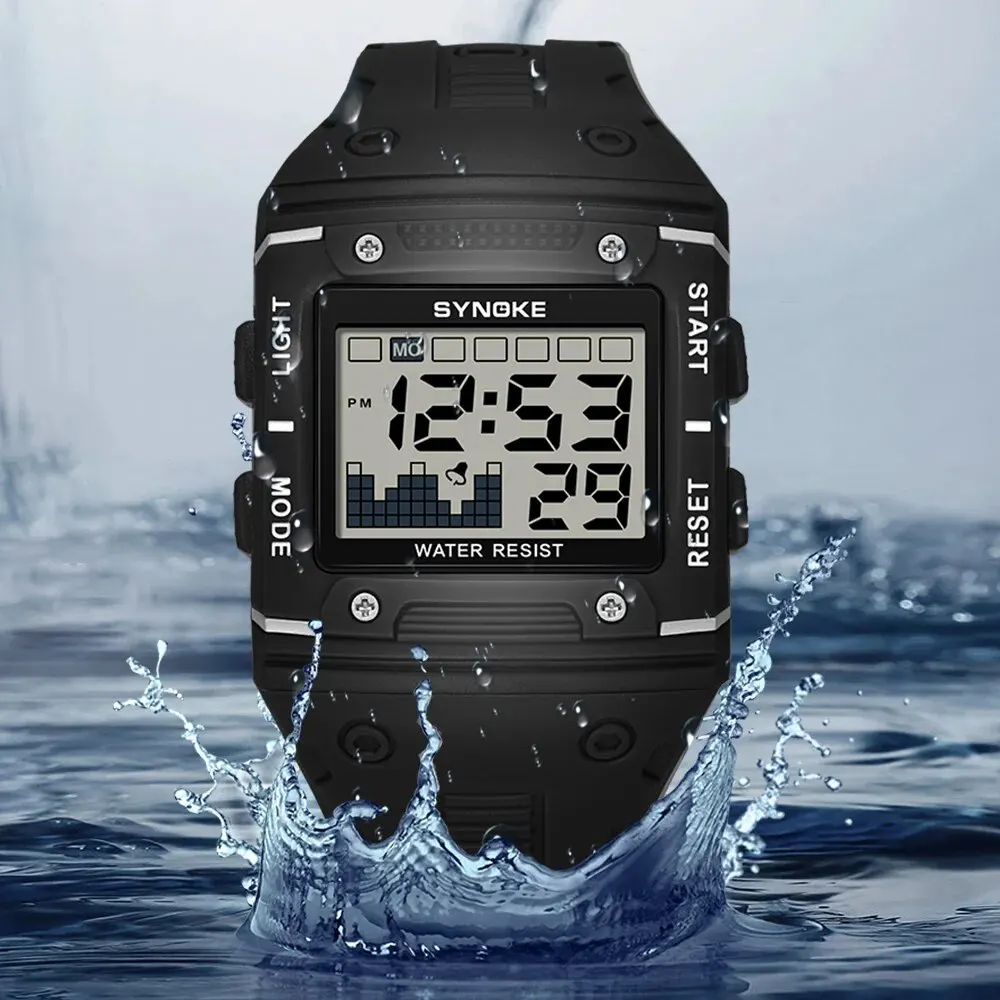 SYNOKE Digital Watch Men Sports Electronic Watch Waterproof Night Glow Large Screen Square Student Watch Outdoor Running Camping