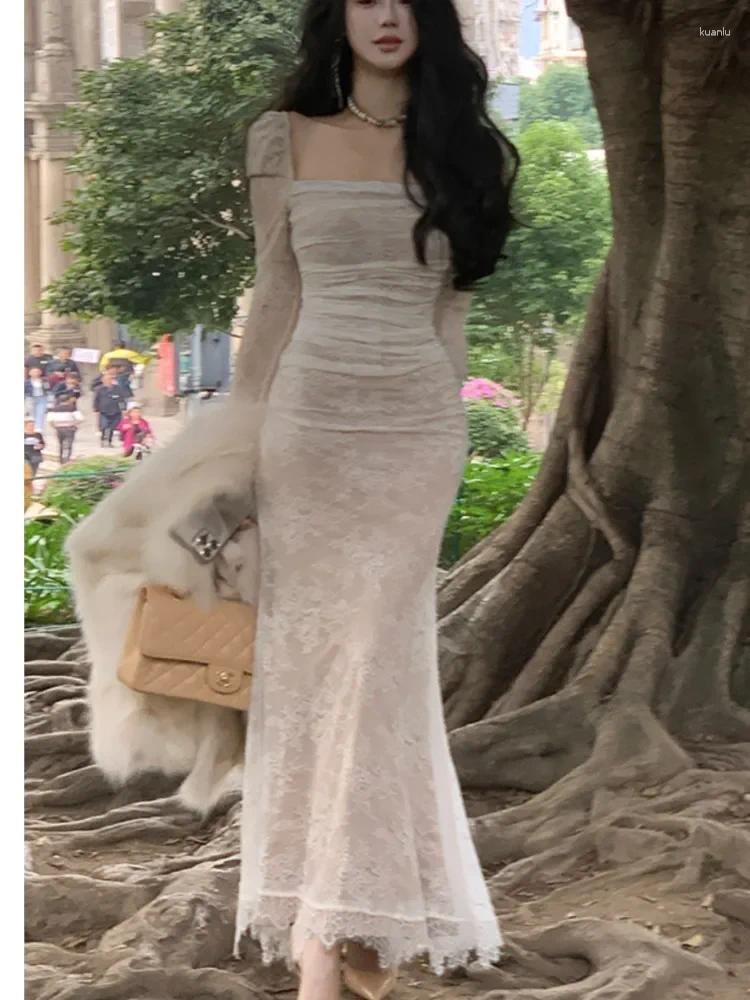 Elegant Long Sleeve Bodycon Dress: Women's Lace Square Collar Up Mermaid Style Midi Dress for Autumn Winter Evening Party C260312