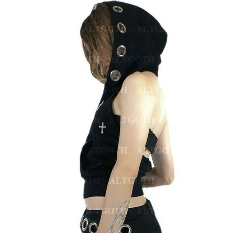 Harajuku Emo Alt Dark Vest Women Y2k E-girl Streetwear Gothic Cross Hooded Crop Tank Top Cyberpunk Grunge Outfits Female 240513