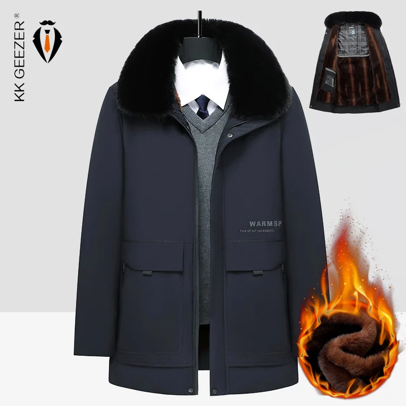 Winter Long Jacket Men Fur Collar Padded Thick Warm Plus Size Fleece Windproof Oversize Parkas Flannel Waterproof Loose Overcoat