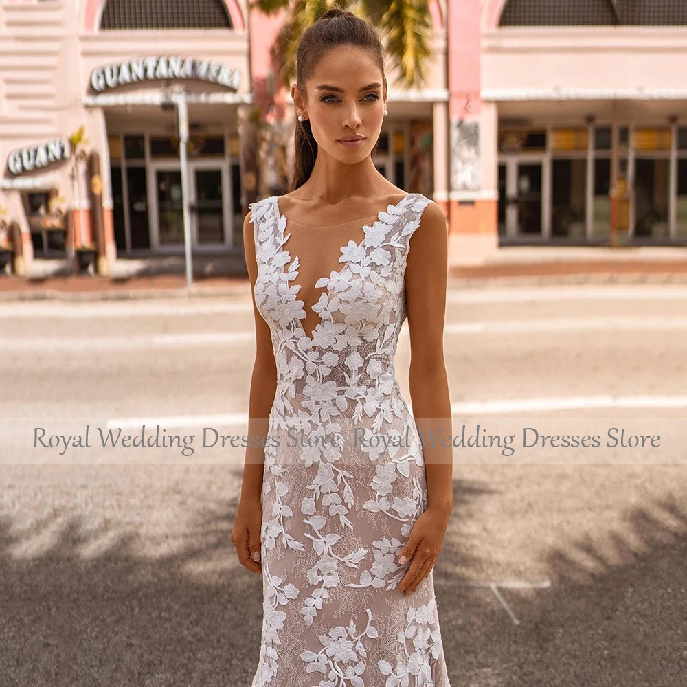 Elegant Lace Wedding Dresses for Women 2024 Bride Backless V Neck Mermaid Wedding Gowns Nude Ivory Applique Trumpet Bridal Dress