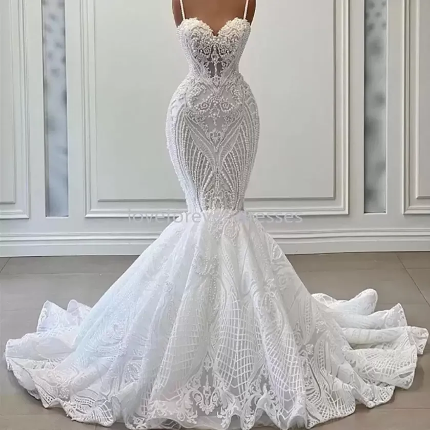 Elegant Pearls Mermaid Dresses Lace Appliques Spaghetti Straps Bridal Gown Custom Made Sleeveless New Design Wedding Gowns Bc15556 0618