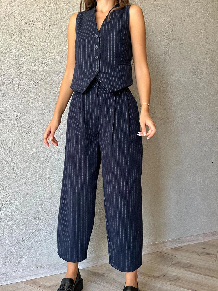 Spring Office Trouser Suit for Women Striped Sleeveless Waistcoat with Harem Pants Korean Twopiece Set Womens Tracksuits 240516